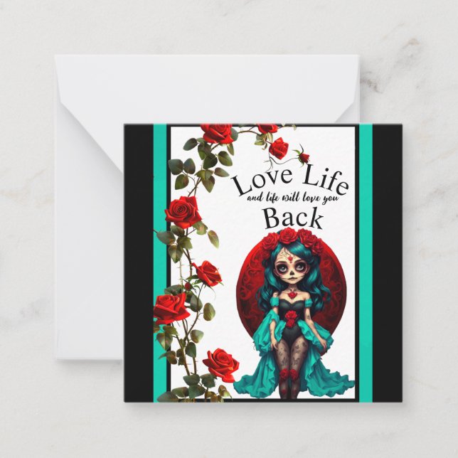 Teal and Red Roses Sugar Skulls Card (Front)