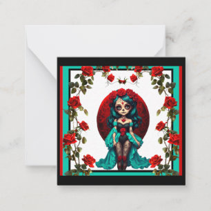 Teal and Red Roses Sugar Skulls Card
