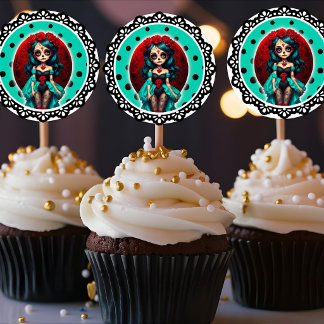 Teal and Red Roses Sugar Skulls Classic Round Sticker