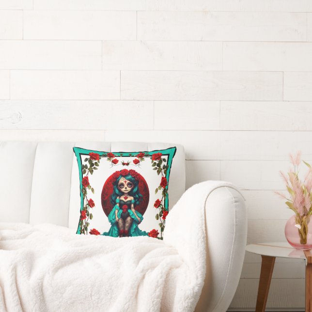 Teal and Red Roses Sugar Skulls Cushion (Couch)