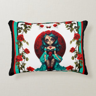 Teal and Red Roses Sugar Skulls Decorative Cushion
