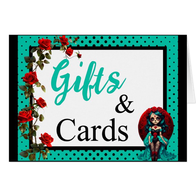 Teal and Red Roses Sugar Skulls Drinks Card (Front Horizontal)
