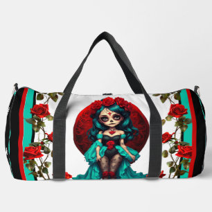Teal and Red Roses Sugar Skulls Duffle Bag