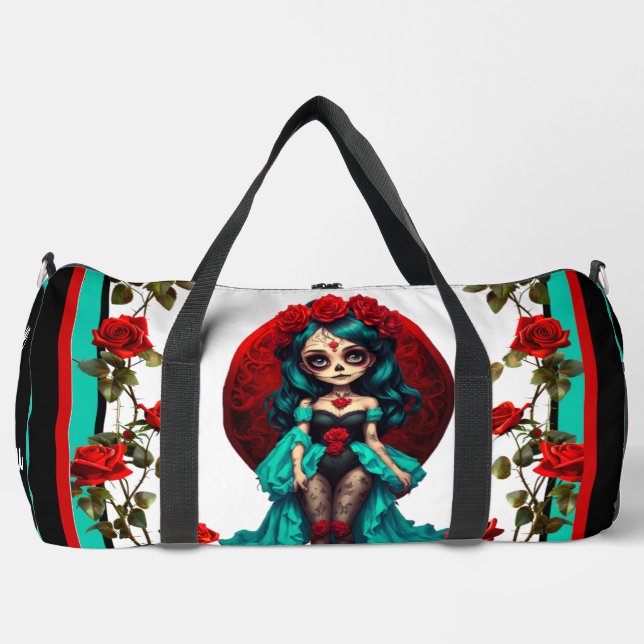 Teal and Red Roses Sugar Skulls Duffle Bag (Front)