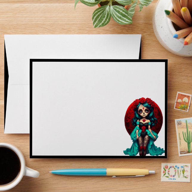Teal and Red Roses Sugar Skulls Envelope (Desk)