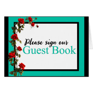 Teal and Red Roses Sugar Skulls Guestbook Card