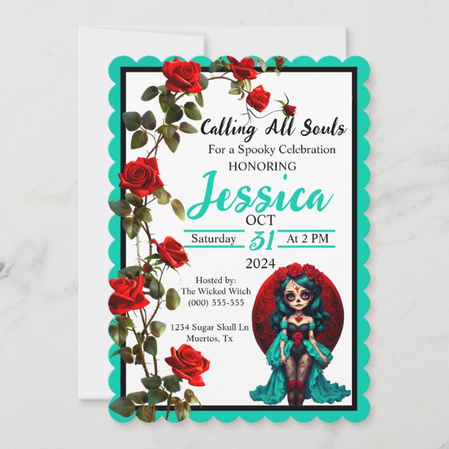 Teal and Red Roses Sugar Skulls Invitation (Front)