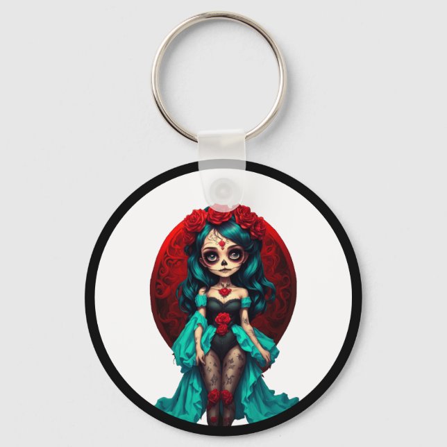 Teal and Red Roses Sugar Skulls Key Ring (Front)