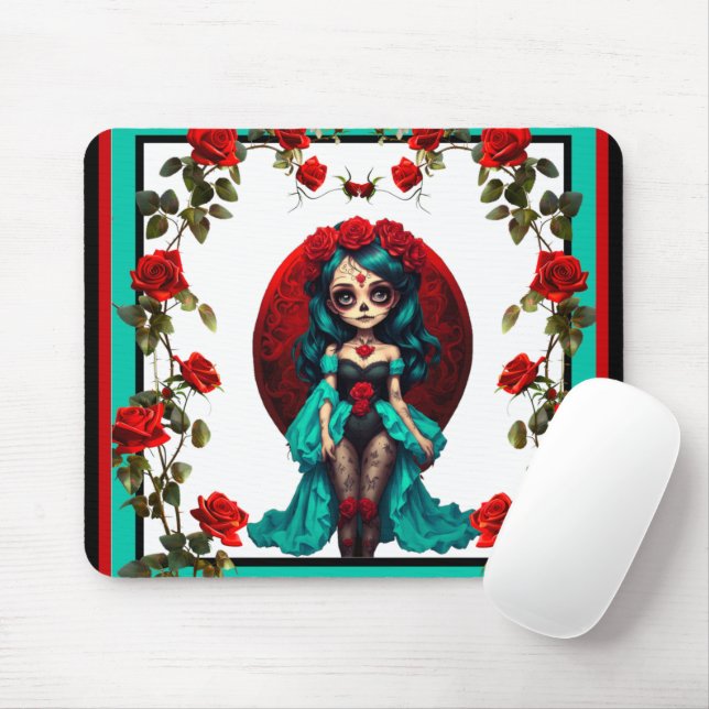 Teal and Red Roses Sugar Skulls Mouse Pad (With Mouse)