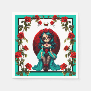 Teal and Red Roses Sugar Skulls Napkin