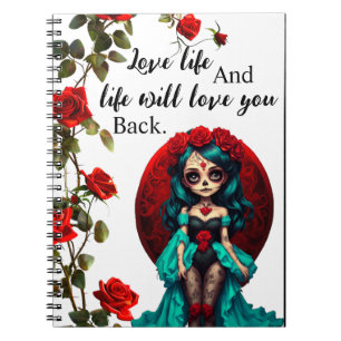 Teal and Red Roses Sugar Skulls Notebook