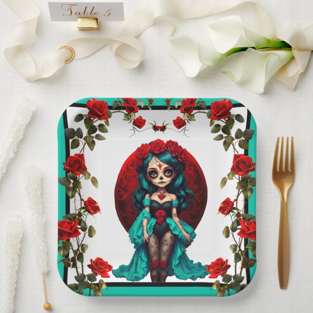 Teal and Red Roses Sugar Skulls  Paper Plate (Wedding)