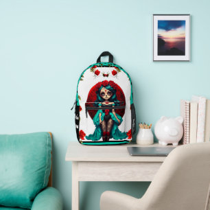 Teal and Red Roses Sugar Skulls Printed Backpack