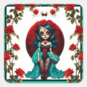 Teal and Red Roses Sugar Skulls Square Sticker