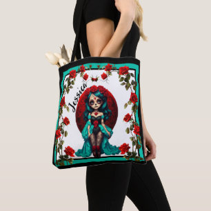 Teal and Red Roses Sugar Skulls Tote Bag
