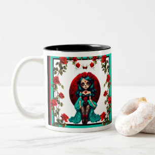 Teal and Red Roses Sugar Skulls Two-Tone Coffee Mug