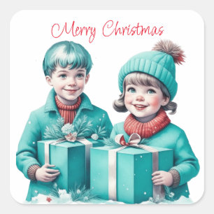 Teal and Red Vintage Merry Christmas Square Sticker