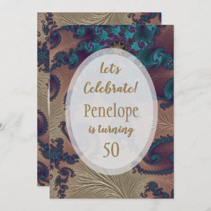 Teal and Rose Gold Feathery Fractal 50th Birthday Invitation
