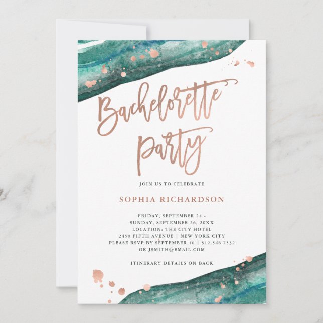 Teal and Rose Gold Geode Bachelorette Party Invitation (Front)