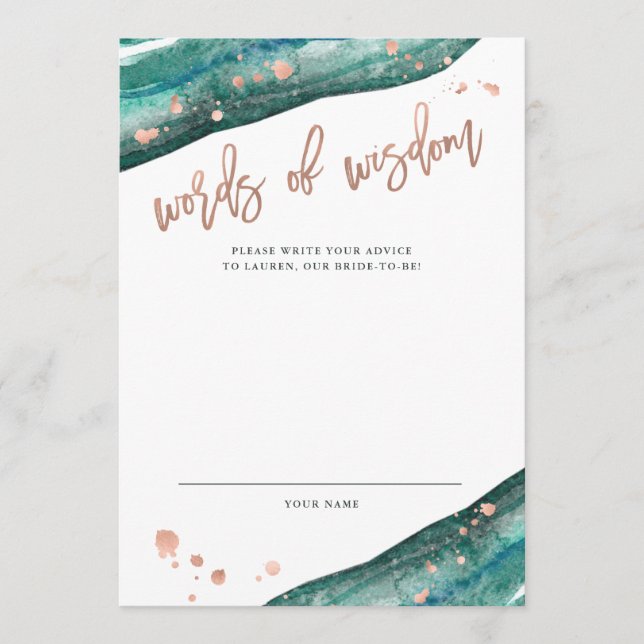 Teal and Rose Gold Geode Bridal Shower Advice Card (Front)