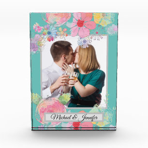 Teal and Shabby Chic Floral Custom Photo Block