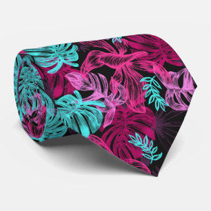 Teal and Shades of Pink Tropical Leaves Tie