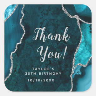 Teal and Silver Agate Birthday Thank You Square Sticker
