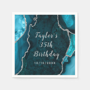 Teal and Silver Agate Marble Birthday Napkin