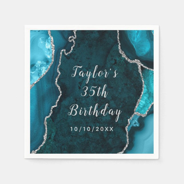 Teal and Silver Agate Marble Birthday Napkin (Front)