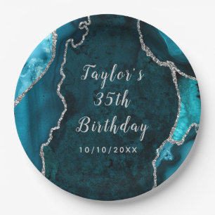 Teal and Silver Agate Marble Birthday Paper Plate