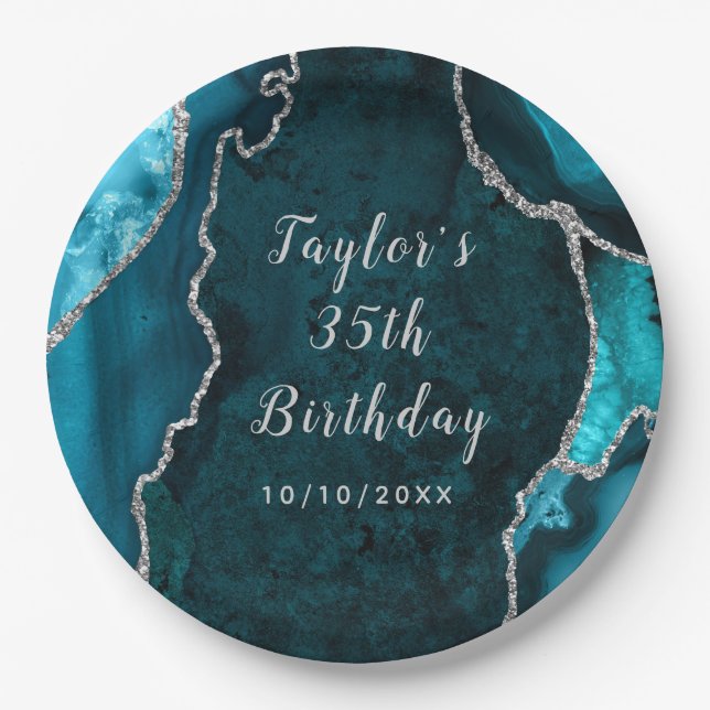 Teal and Silver Agate Marble Birthday Paper Plate (Front)