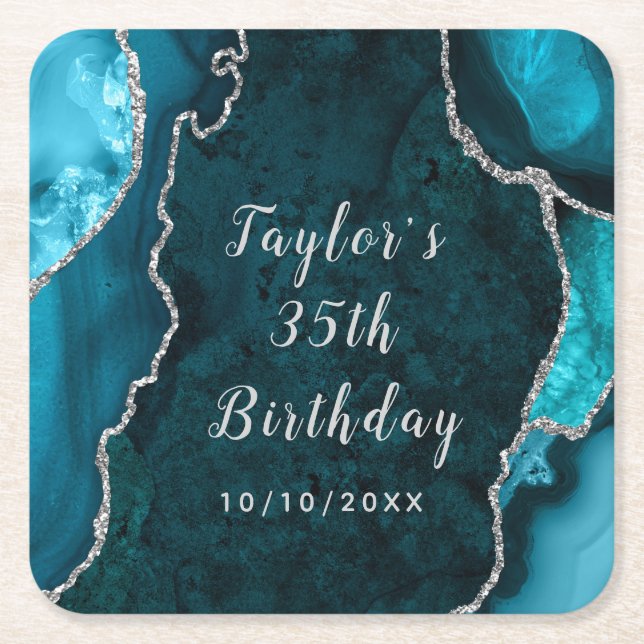 Teal and Silver Agate Marble Birthday Square Paper Coaster (Front)