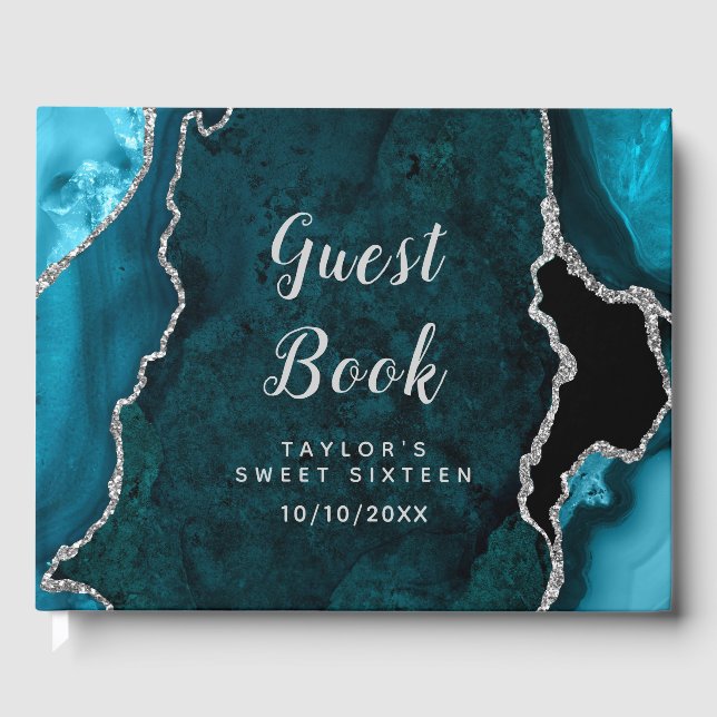 Teal and Silver Agate Marble Sweet Sixteen Guest Book (Front)