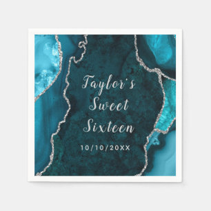 Teal and Silver Agate Marble Sweet Sixteen Napkin