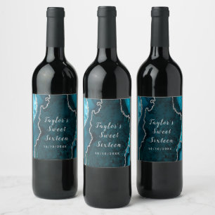 Teal and Silver Agate Marble Sweet Sixteen Wine Label