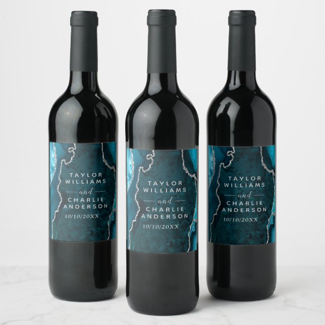 Teal and Silver Agate Marble Wedding Wine Label (Bottles)