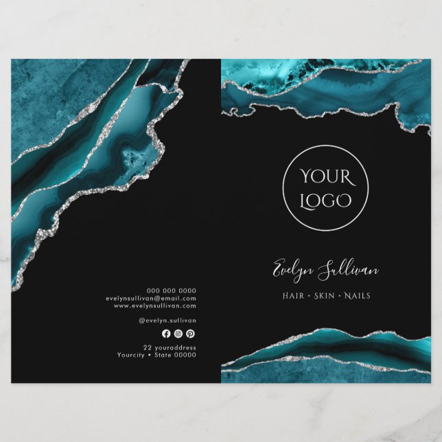 teal and silver agate service menu brochure (Front)