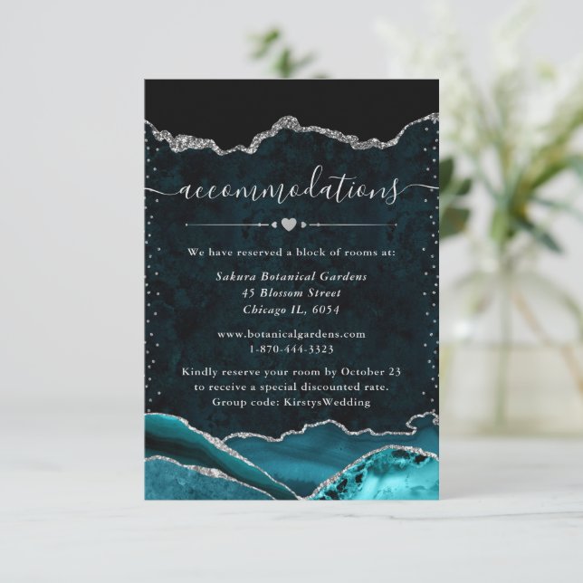 Teal and Silver Agate Wedding Accommodations Enclosure Card (Standing Front)