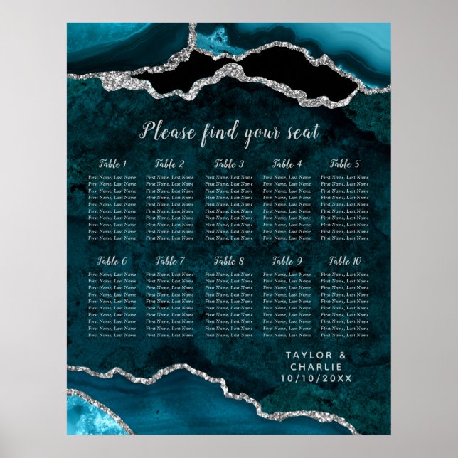 Teal and Silver Agate Wedding Seating Chart (Front)