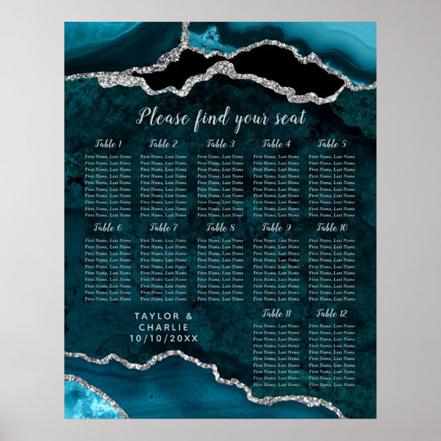 Teal and Silver Agate Wedding Seating Chart (Front)