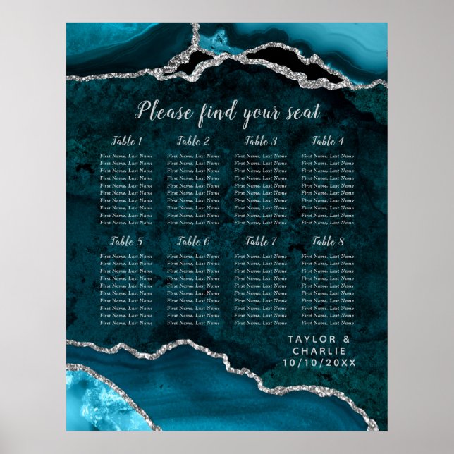 Teal and Silver Agate Wedding Seating Chart (Front)