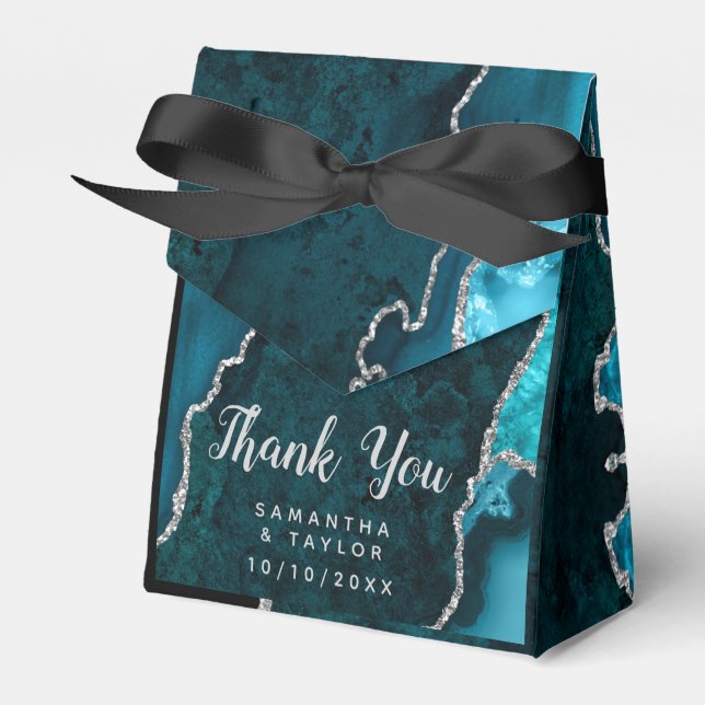 Teal and Silver Agate Wedding Thank You Favour Box (Front Side)