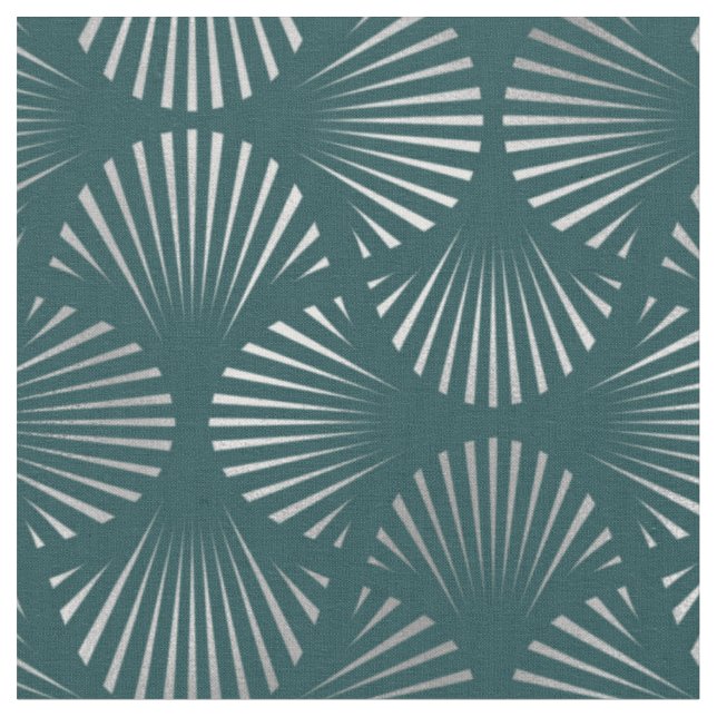 Teal and Silver Art Deco Fan Pattern Fabric (Close Up)