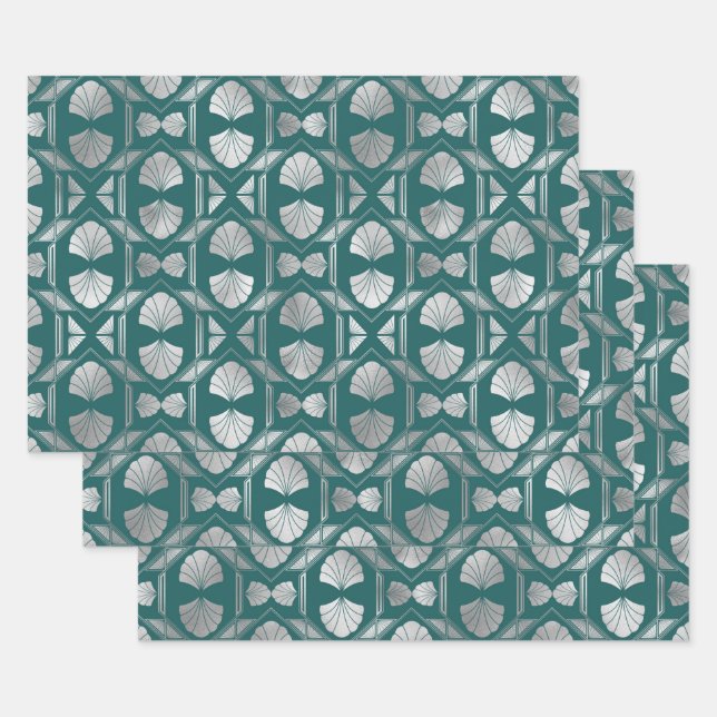 Teal and Silver Art Deco Shell Pattern Wrapping Paper Sheet (Set)