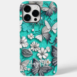 Teal and Silver Butterflies Personalised Name Case-Mate iPhone 14 Pro Max Case