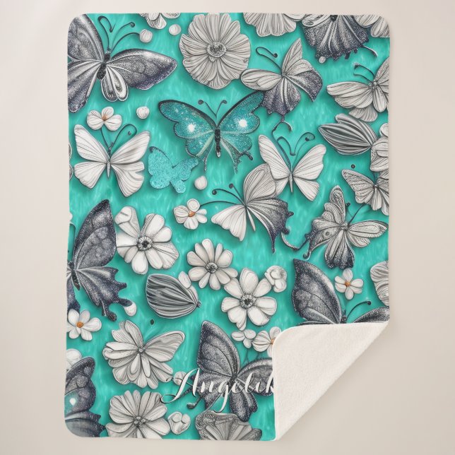 Teal and Silver Butterflies Personalised Name Sherpa Blanket (Front)