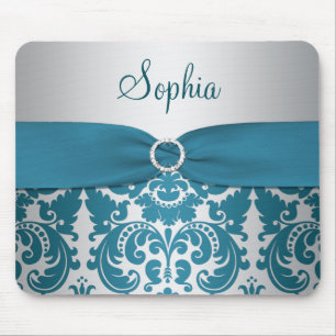 Teal and Silver Damask Mousepad