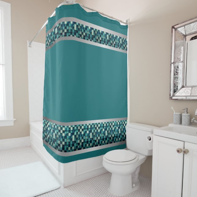 Teal and Silver Elegance: Abstract Shower Curtain  (In Situ)
