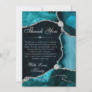 Teal and Silver Faux Glitter Agate Bridal Shower Thank You Card