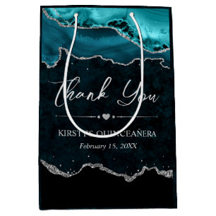 Teal and Silver Faux Glitter Agate Quinceanera Medium Gift Bag